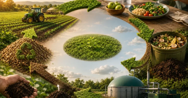 Circular agriculture closed loop from farm to table to food waste to biogas digester back to soil