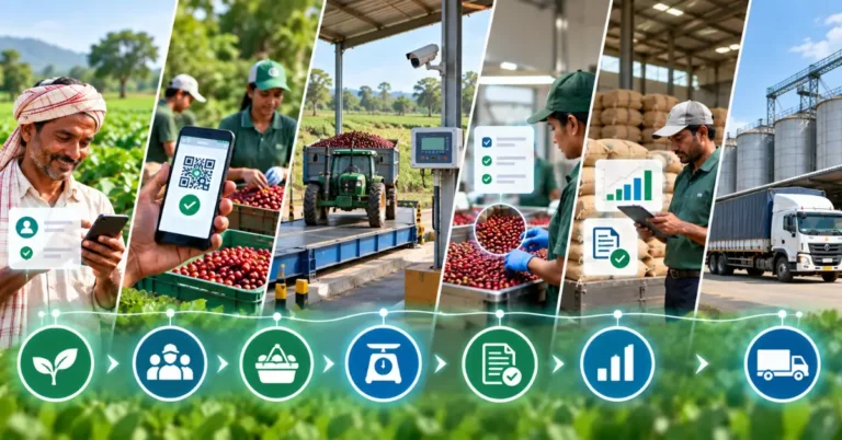 Seven-stage digital procurement chain from farmer phone verification through QR token, weighbridge, quality grading, pricing analytics to transport
