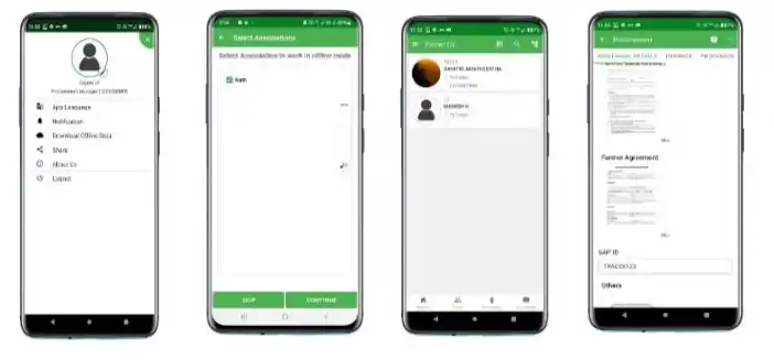 TraceX mobile app screens showing offline association selection, a farmer list, and procurement and farmer agreement details
