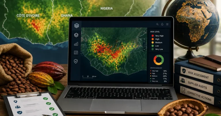 Risk assessment dashboard showing a heat map of child labour risk levels across Cote d'Ivoire and Ghana cocoa-growing regions