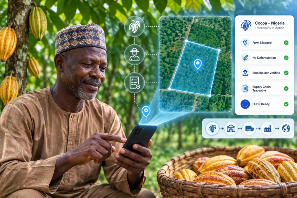 Nigerian cocoa farmer using a smartphone to map a geolocated farm plot, with an EUDR traceability checklist showing farm mapped, no deforestation and supply chain traceable