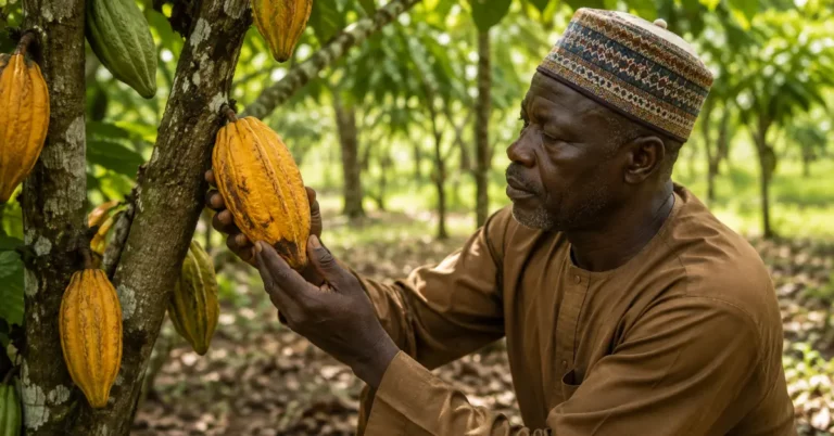 Nigerian cocoa farmer in traditional dress inspecting ripe cocoa pods on the tree