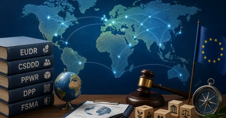 Stacked books labeled EUDR, CSDDD, PPWR, DPP and FSMA in front of a global connectivity map and EU flag