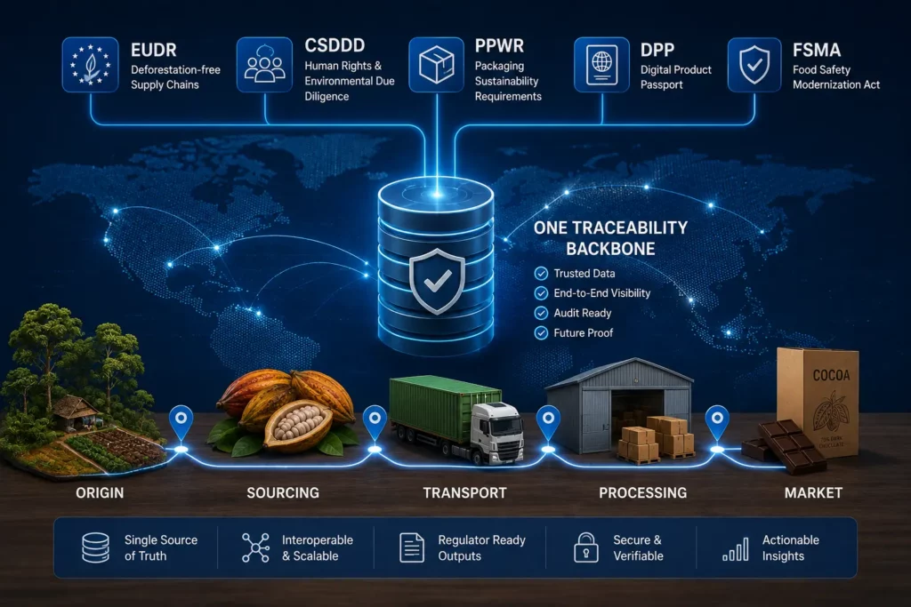 One traceability backbone feeding EUDR, CSDDD, PPWR, DPP and FSMA, mapped onto a cocoa supply chain from origin to market
