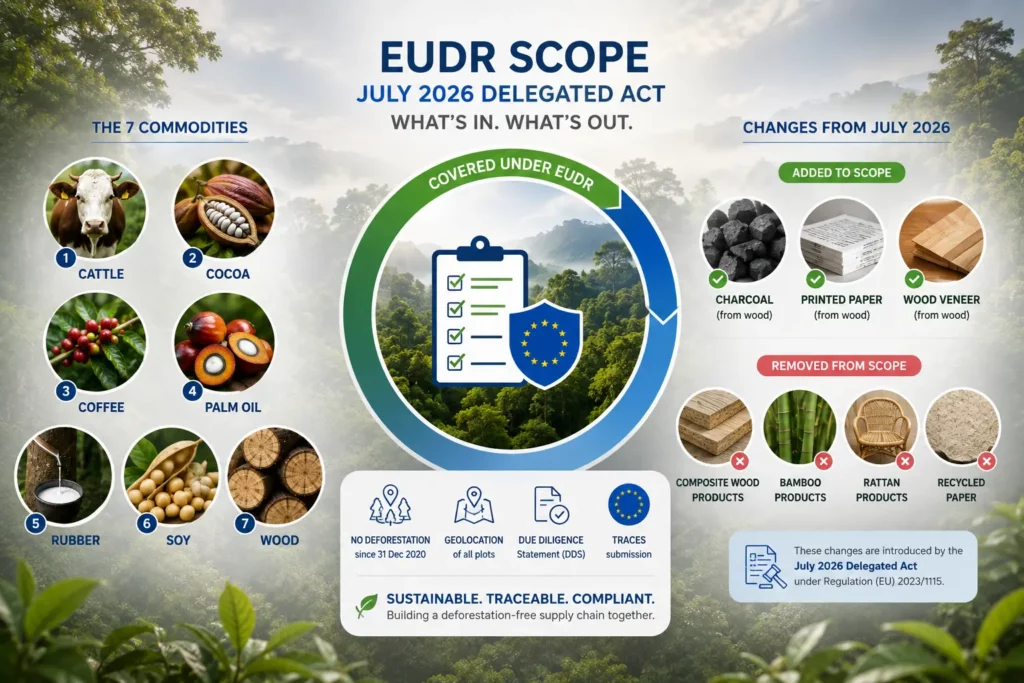 EUDR scope infographic for the July 2026 Delegated Act showing the seven commodities and example products added to and removed from scope