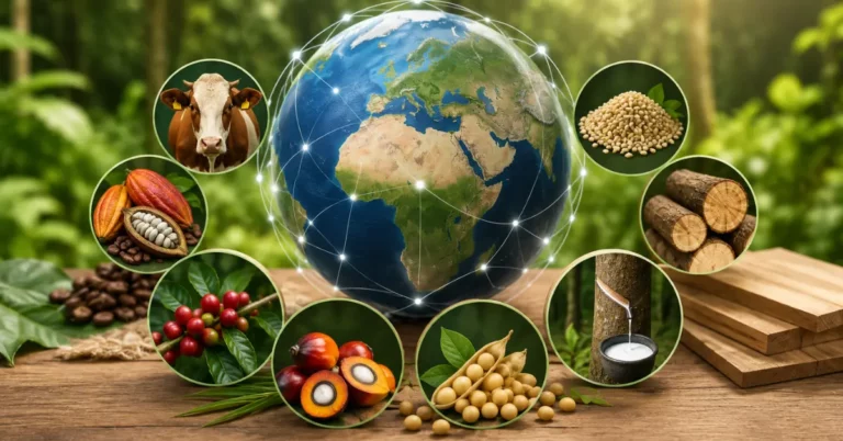Seven EUDR commodities — cattle, cocoa, coffee, palm oil, rubber, soy and wood — arranged around a connected globe