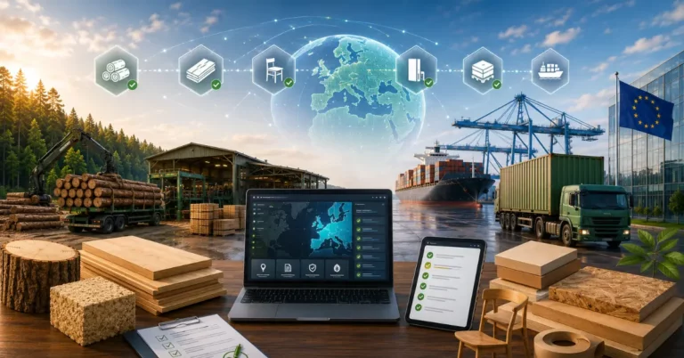 Raw logs, sawn wood, particle board and a wooden chair with verified checkmarks, connected via a compliance dashboard to export shipping and the EU