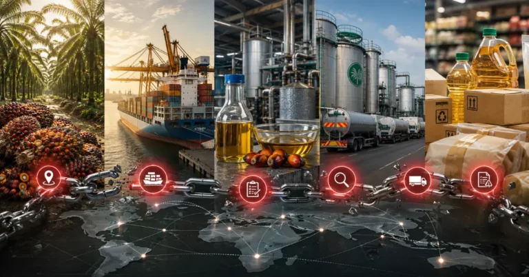 Palm oil supply chain from plantation through shipping, refining and distribution to retail, connected by a broken chain of custody