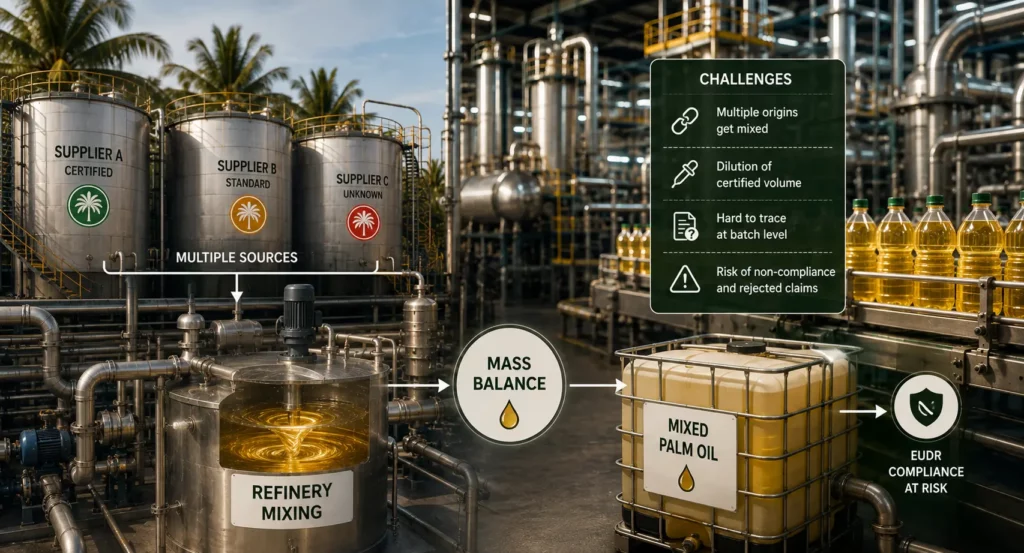 Refinery mass-balance mixing combining certified, standard and unknown palm oil suppliers into one mixed tank, putting EUDR compliance at risk