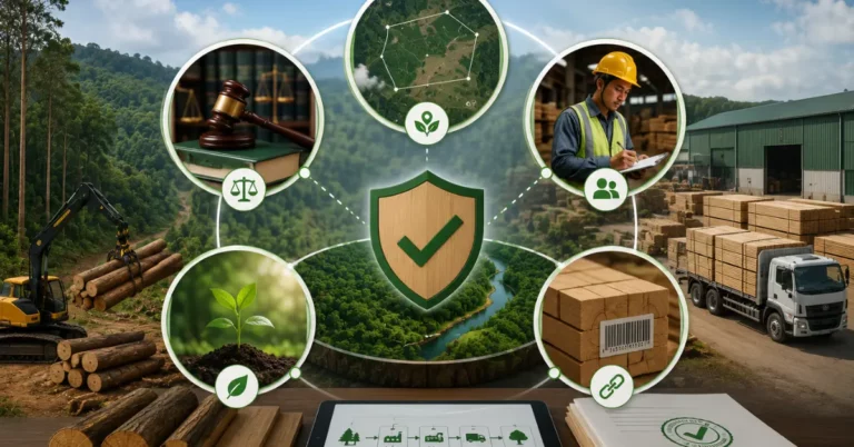 Five EUDR legality pillars — legal scales, plot geolocation, labour compliance, environmental protection, and barcoded traceability — around a verified compliance shield