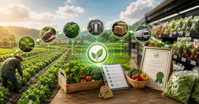 Farmer tending crops connected to a seven-stage seed-to-shelf chain, a certification document and a completed compliance checklist