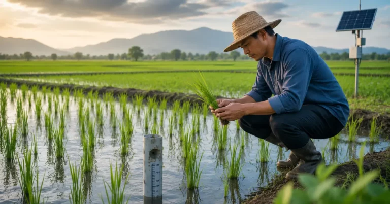 Farmer inspecting a rice seedling beside an Alternate Wetting and Drying water-level tube in a paddy field