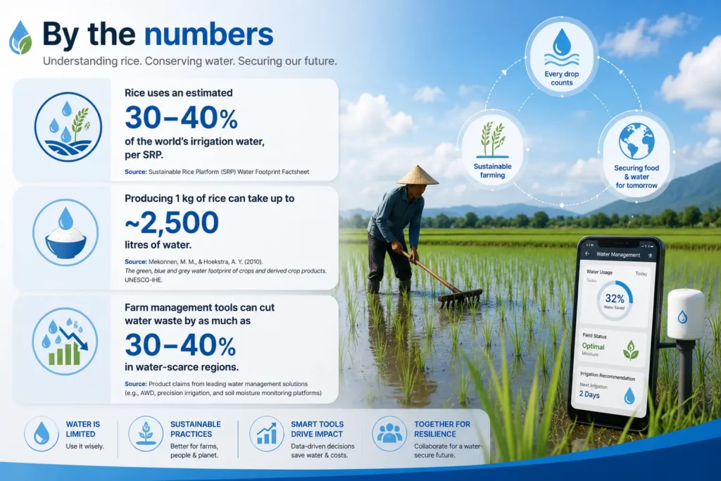 Sustainable rice farming water statistics: 30 to 40 percent of world irrigation water, 2500 litres per kg of rice, and farm management water savings
