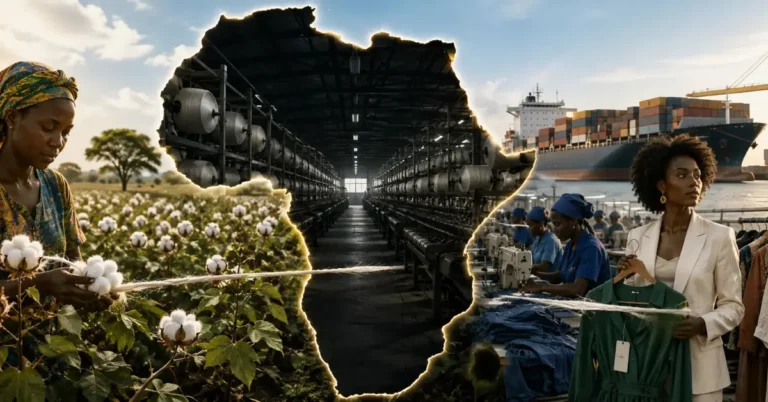 Africa's silhouette filled with an empty spinning mill, flanked by cotton farming and garment manufacturing