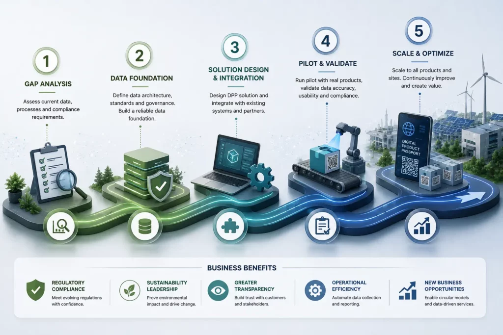 Five-step digital product passport implementation roadmap from gap analysis to scale and optimize
