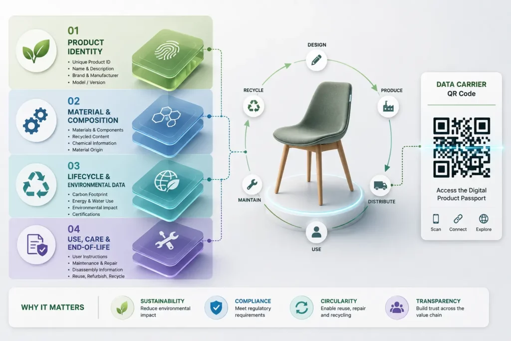 Four digital product passport data layers illustrated with a chair's design, production, use and recycling lifecycle and a QR code data carrier
