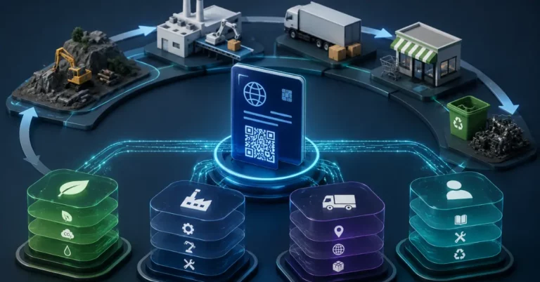 Digital product passport QR code at the center of a product lifecycle from raw material to recycling