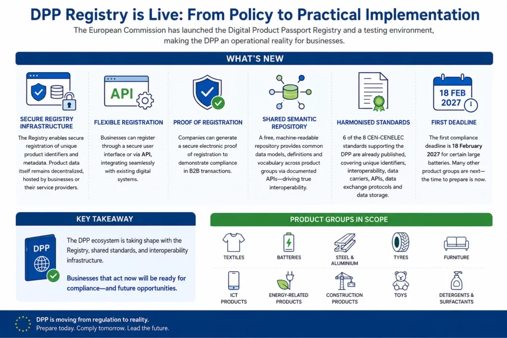 DPP Registry launch infographic showing secure infrastructure, flexible registration, harmonised standards and the 18 February 2027 first deadline
