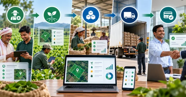 Five-stage chain from farmer onboarding through crop monitoring, harvest, transport to business handshake and payment, with a plot geolocation dashboard