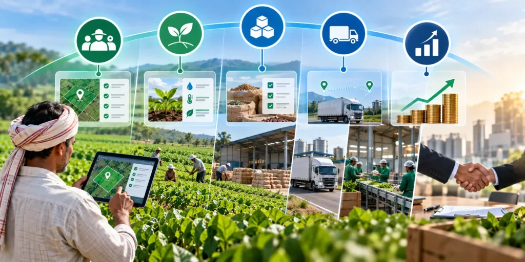 Farmer using a plot-mapping tablet in the field connected to growing, procurement, transport and rising-revenue icons ending in a business handshake
