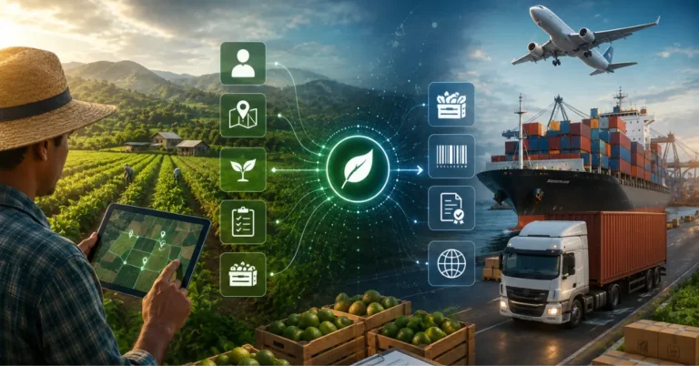 Farmer using a plot geolocation tablet with an icon chain from farmer identity through plot mapping and harvest to export shipping by truck, ship and plane
