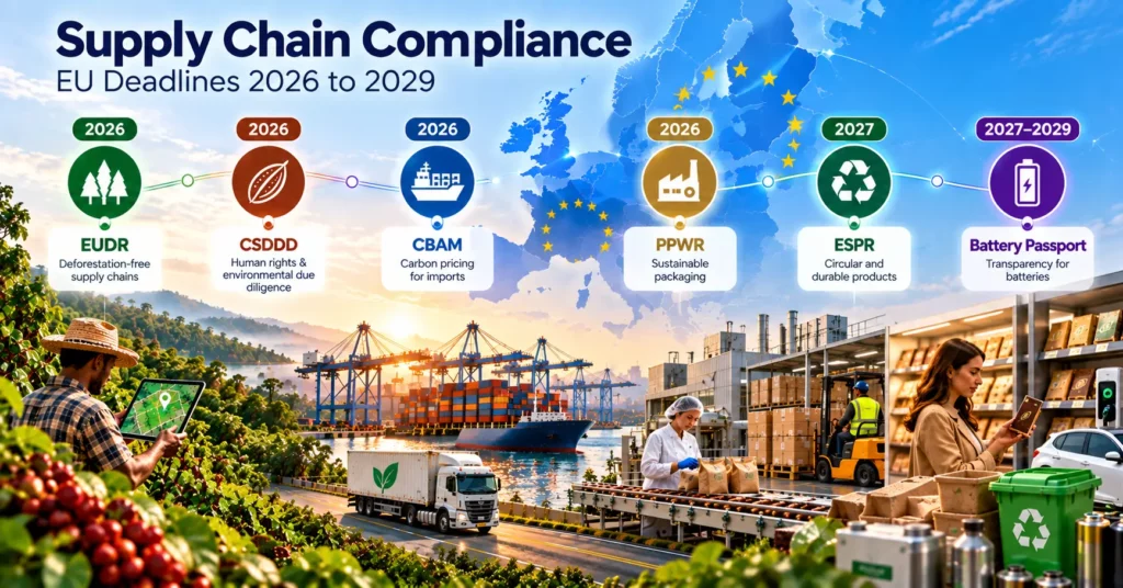 EU supply chain compliance deadlines from 2026 to 2029: EUDR, CSDDD, CBAM, PPWR, ESPR and Battery Passport
