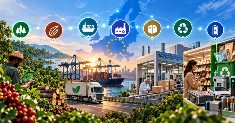 Seven connected icons for forest, cocoa, shipping, manufacturing, packaging, recycling and battery over a map of the EU, spanning farm to retail