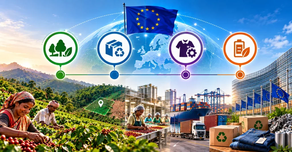 Four EU regulations requiring supply chain provenance — EUDR forest commodities, ESPR recyclable packaging, Forced Labour Regulation textiles, Battery Regulation — over farm, factory, shipping and EU institution scenes