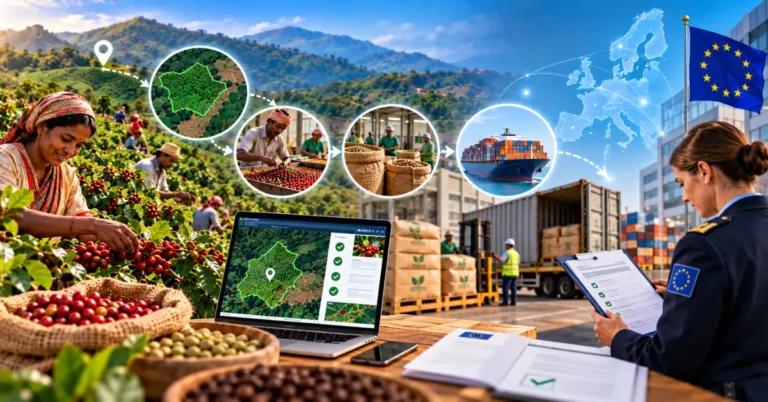 Coffee farmer harvesting cherries connected through a mapped plot, sorting, processing, sacking and shipping chain to an EU customs officer reviewing a verified checklist