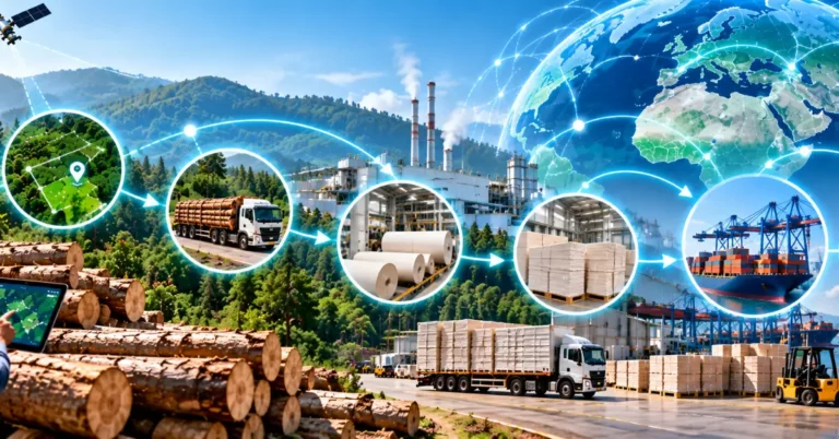 Six-stage chain from satellite plot mapping through log transport, mill, packaged product, export shipping and retail shelf, connected over a global network