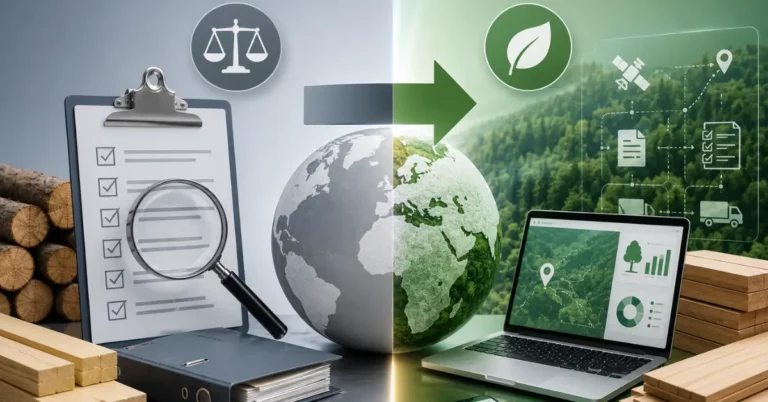 Split image transitioning from a grey legality checklist and timber logs to a green satellite geolocation dashboard and forest