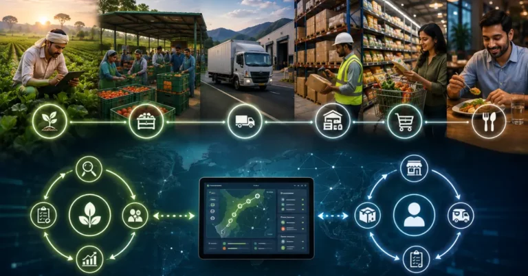 Food traceability journey from farm through processing, transport, warehouse and retail to the consumer, with a live tracking dashboard