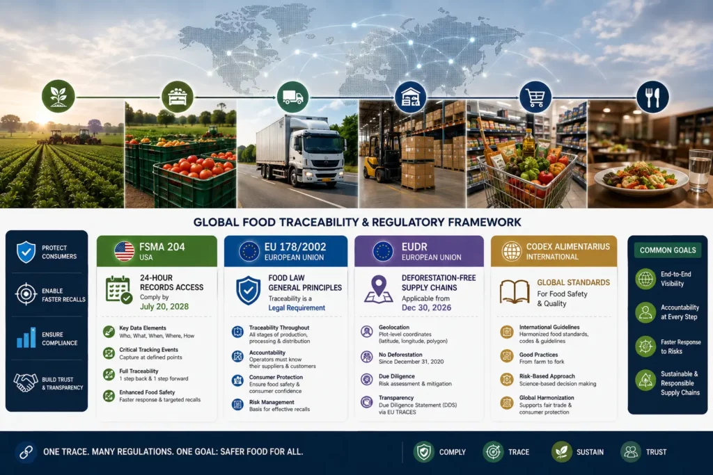 Global food traceability regulatory framework comparing FSMA 204, EU 178/2002, EUDR and Codex Alimentarius