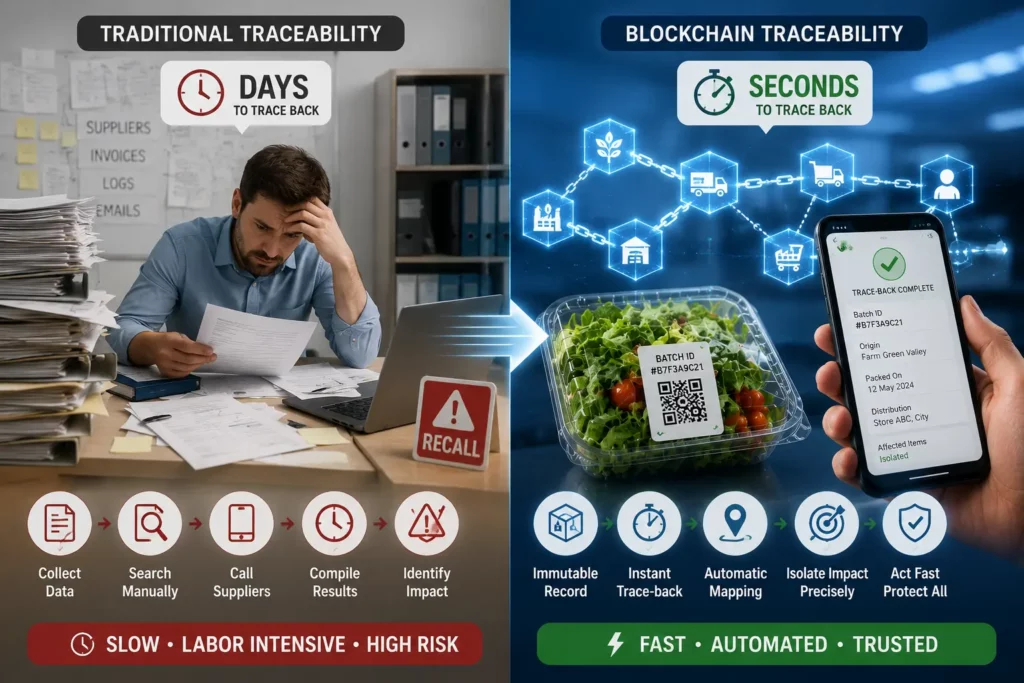Traditional traceability taking days to trace back compared to blockchain traceability taking seconds