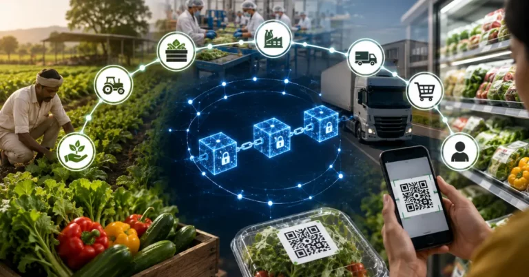A blockchain of linked locked blocks at the center of a farm-to-retail food chain with a shopper scanning a QR code