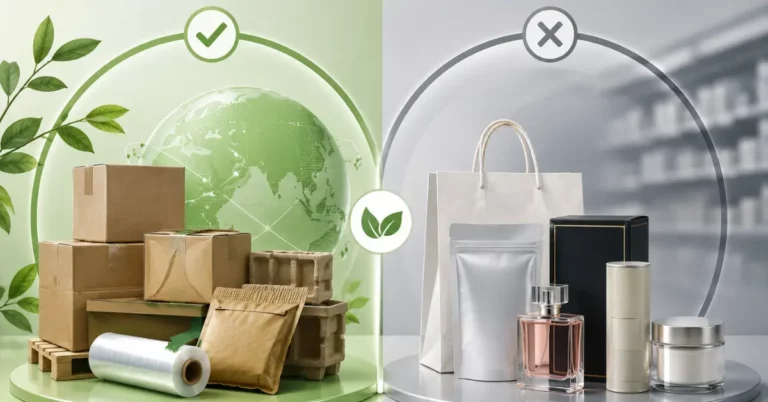 Wood and paper packaging sold as a product marked in scope on one side, versus carrier retail packaging marked out of scope on the other