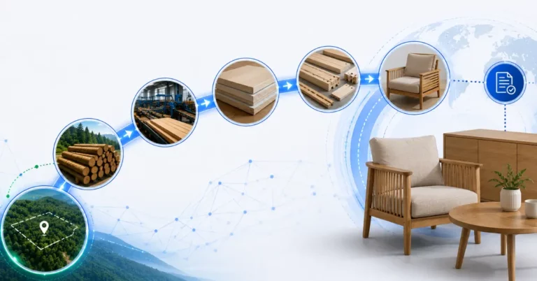 EUDR wood products chain from geolocated forest plot through logs, sawmill, panels and components to finished furniture