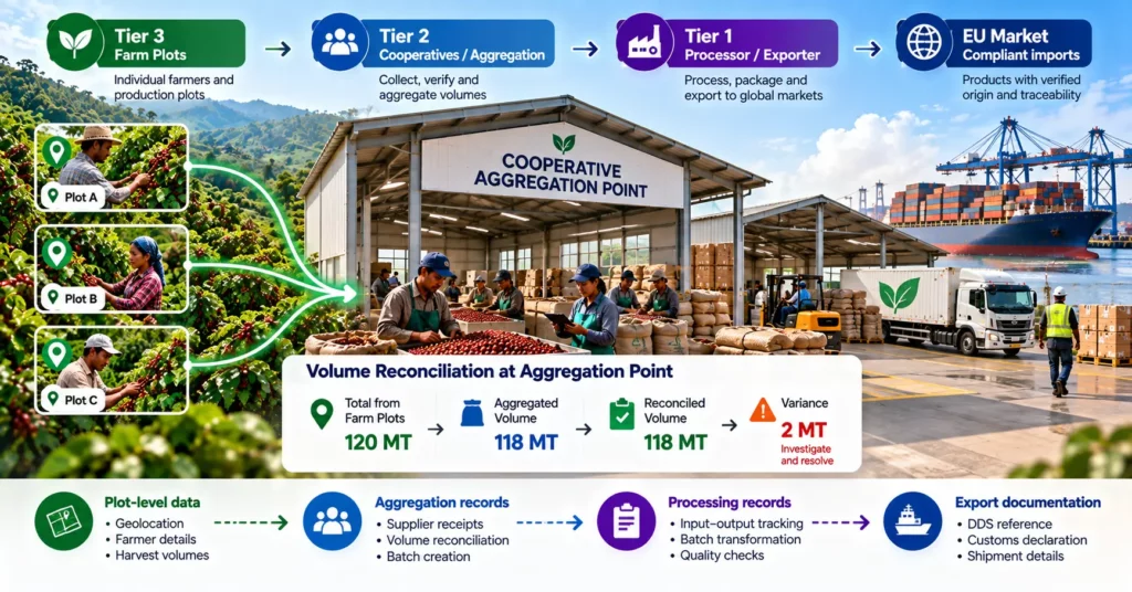 Tier 3 farm plots, Tier 2 cooperative aggregation, Tier 1 processor and exporter, and EU Market compliant imports, with a worked volume reconciliation example showing a 2 MT variance flagged for investigation
