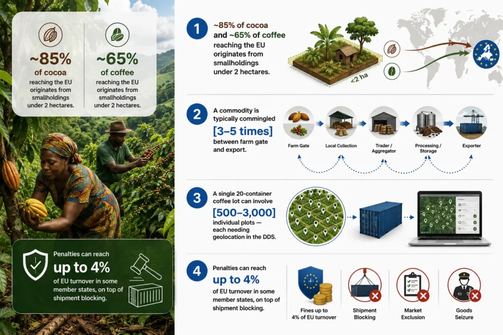 Aggregated traceability under EUDR by the numbers: smallholder share of cocoa and coffee, commingling points, and penalty exposure