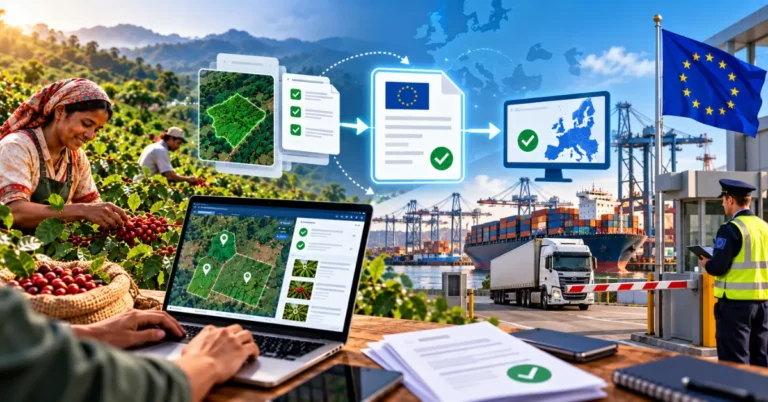 Coffee farmer with a plot-mapping laptop dashboard feeding a checklist-verified DDS document into a confirmed TRACES screen, with a customs officer at a border checkpoint