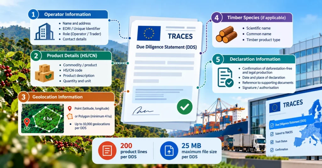Five DDS data sections — operator information, product details, geolocation, timber species, declaration information — around a TRACES Due Diligence Statement, with 200 product lines and 25 MB limits
