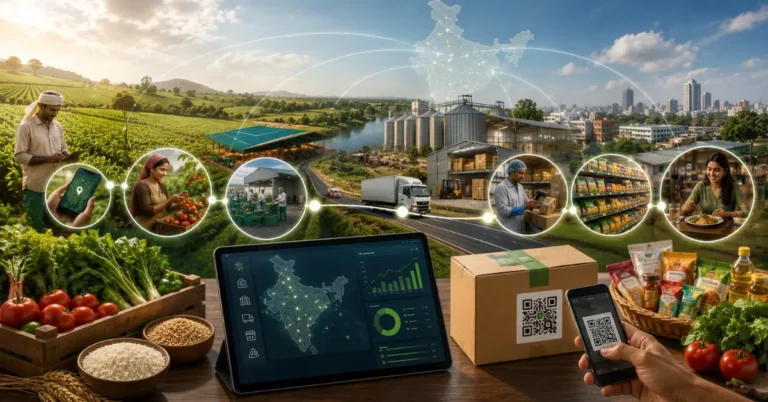 Food supply chain in India from farm through aggregation, processing and transport to retail, with a live tracking dashboard and QR-coded box