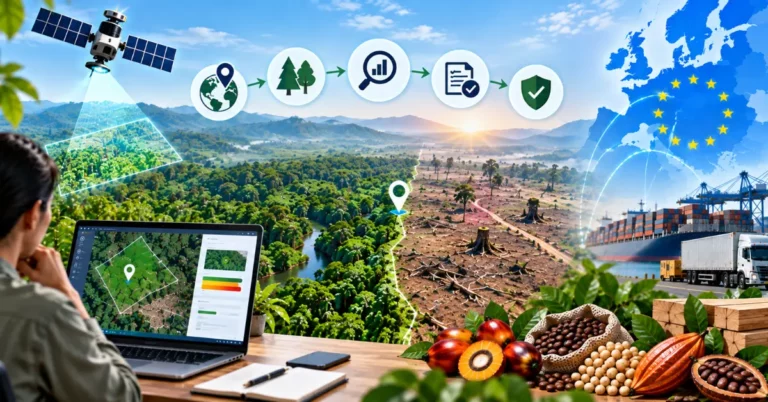 Split view of intact forest and cleared land with a five-icon assessment chain and a risk-scoring dashboard on a laptop