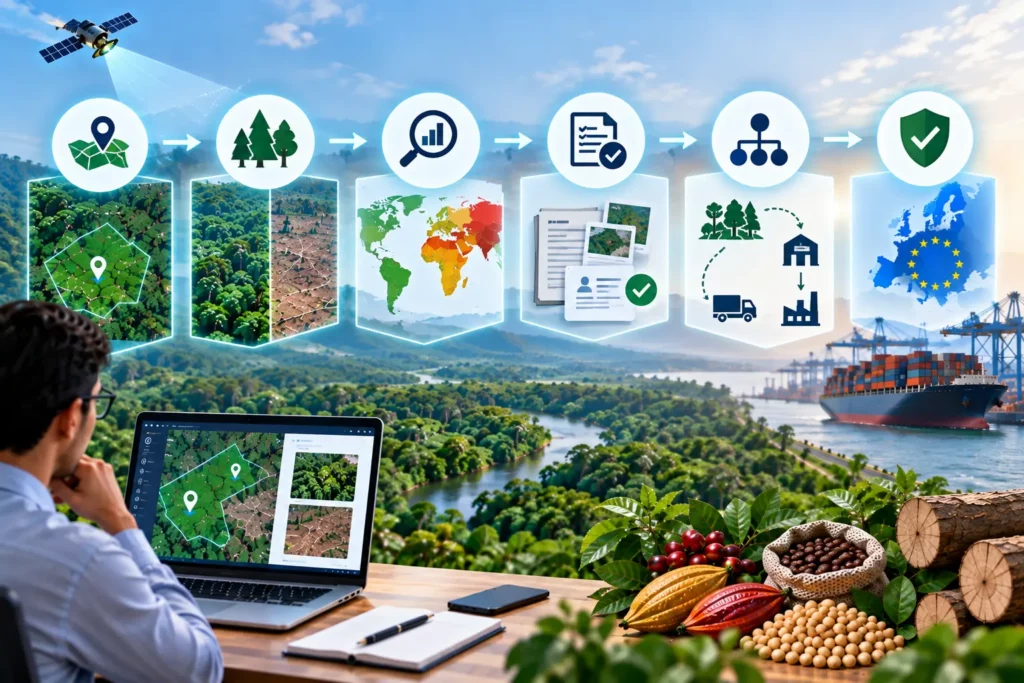 Six-step deforestation risk assessment process from plot geolocation through satellite forest comparison, country risk-tier mapping, legality documentation and traceability to verified EU compliance
