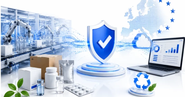 ERP integration for PPWR concept showing a packaging production line, compliance shield, recycling symbol and EU data dashboard