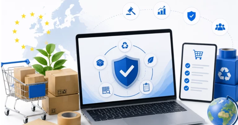 PPWR for Ecommerce Sellers, PPWR compliance for ecommerce sellers showing EU packaging obligations across marketplace, DTC and multi-channel sales