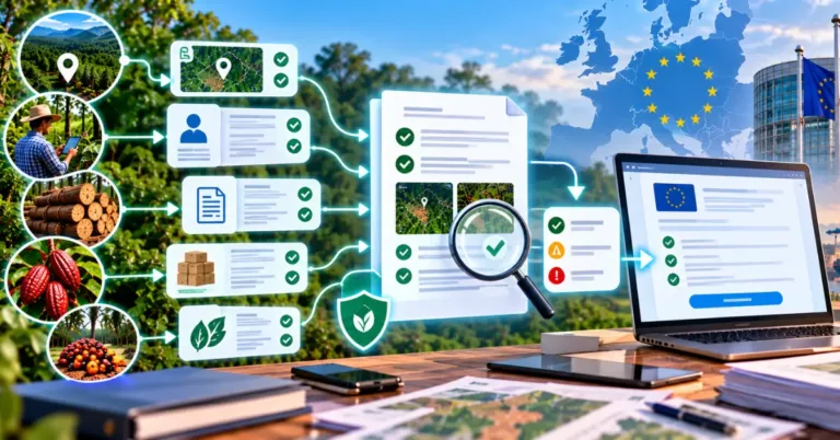 Five source streams of plots, supplier, timber, cocoa and palm data with ticked cards flowing into one reviewed statement with a magnifier and shield, then into an EU submission screen beside the EU map, flags and port