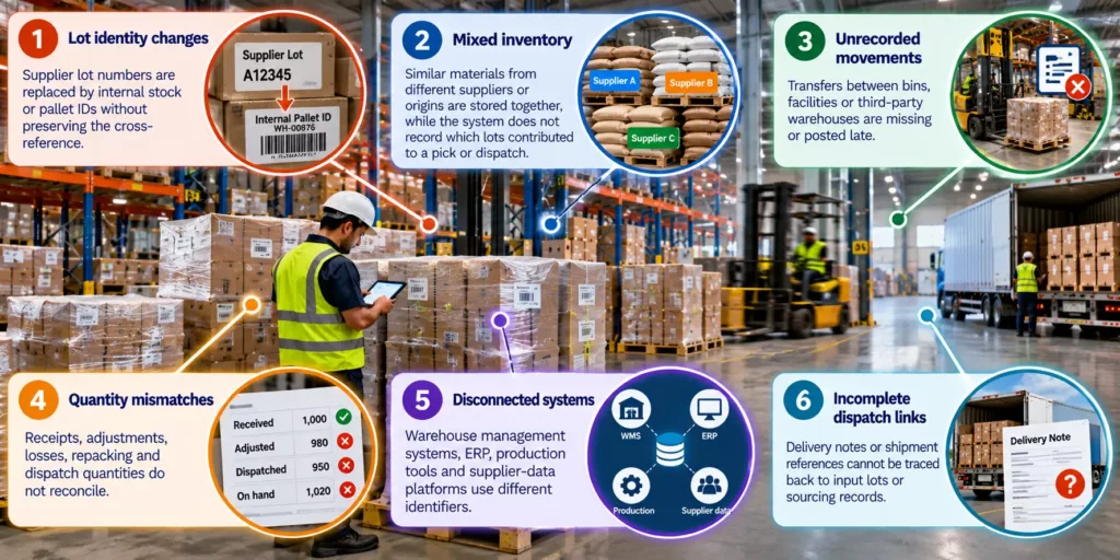Six warehouse traceability breakpoints: lot identity changes, mixed inventory, unrecorded movements, quantity mismatches, disconnected systems and incomplete dispatch links, shown in a busy warehouse