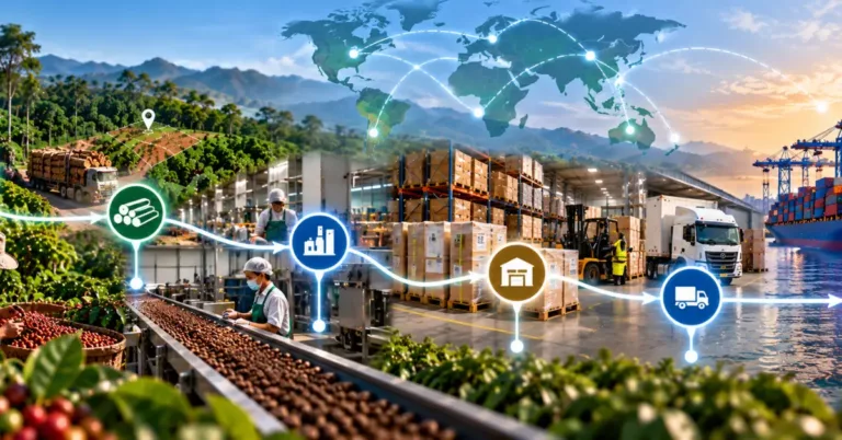 Source plots with location pins, logs and coffee cherries, a processing line, a racked warehouse with a forklift, a truck and a port, connected by a glowing six-icon path under a world map