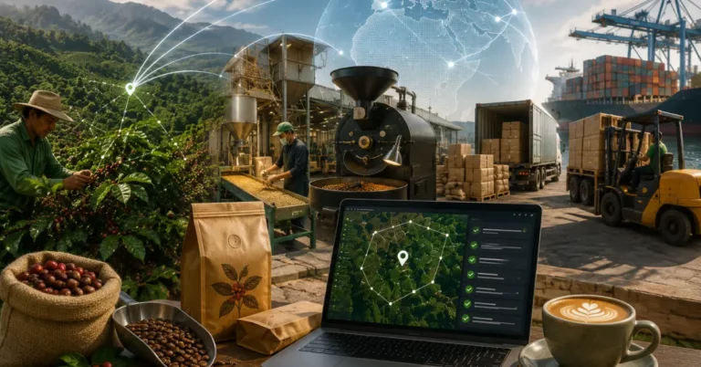 Coffee farm-to-cup chain from harvest through roasting and export shipping, with a plot geolocation compliance dashboard and a finished cup of coffee